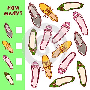 How many shoes. Children counting game. Vector learning activity for kids