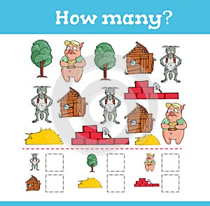 How many are there Education games with three little pigs. Preschool or kindergarten worksheet. Vector illustration