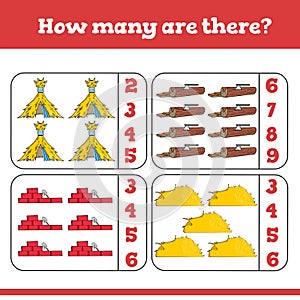 How many are there Education games with three little pigs. Preschool or kindergarten worksheet. Vector illustration