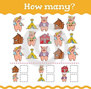 How many are there Education games with three little pigs. Preschool or kindergarten worksheet. Vector illustration