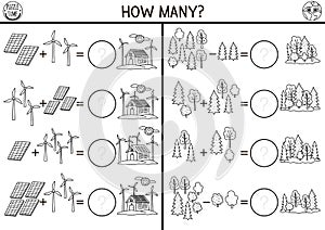 How many trees, wind turbines and solar panels black and white game. Ecological house math addition activity for preschool