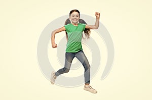 How raise active kid. Free and full of energy. Rules to keep kids active. Girl cute child with long hair feeling awesome