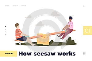 How seesaw works concept of landing page with kids playing on seesaw. Boy and girl on playground