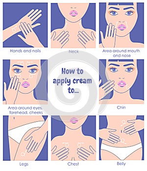 How to apply cream to the face, neck, hands, belly, legs. Design packaging. Instructions