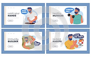 How to Boost Immunity Landing Page Template Set. Male Character Sleep, Exercise, Wash Hands, Drink Water, Eat Healthy