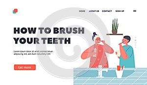 How to Brush Teeth Landing Page Template. Kids Characters Hygiene , Little Boy and Girl Brushing Teeth, Toothbrushing