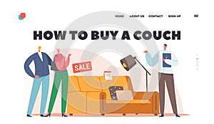 How to Buy a Couch Landing Page Template. Couple Choose Sofa and Lamp in Furniture Store. Family Buying Household Goods