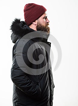 How to choose best winter jacket. Weather resistant jacket concept. Winter season menswear. Hood adds warmth and weather