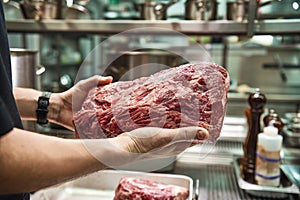 How to choose a meat Man hands showing a big piece of fresh meat ready to prepare tasty dish. Restaurant kitchen.