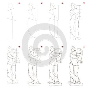 How to create step by step pencil drawing. Page shows how to learn step by step draw imaginary Greek women statue.