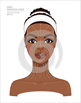 How to Do Lymphatic Drainage Massage. Face Massage Lines. Beautiful African American Woman`s Face Isolated on White Background.