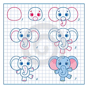 How to Draw Cute Elephant, Step by Step Lesson for Kids cartoon vector illustration