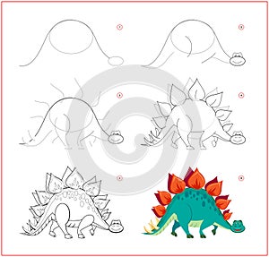 How to draw cute toy stegosaurus. Educational page for children. Creation step by step prehistoric animal illustration. Printable