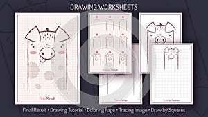 How to Draw a Dirty Pig. Step by Step Drawing Tutorial. Draw Guide. Simple Instruction. Coloring Page. Worksheets for