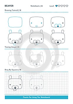 How to Draw Doodle Animal Beaver, Cartoon Character Step by Step Drawing Tutorial. Activity Worksheets For Kids