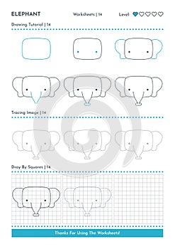 How to Draw Doodle Animal Elephant, Cartoon Character Step by Step Drawing Tutorial. Activity Worksheets For Kids