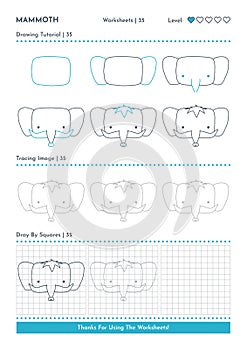 How to Draw Doodle Animal Mammoth, Cartoon Character Step by Step Drawing Tutorial. Activity Worksheets For Kids