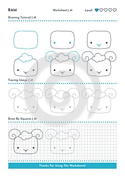 How to Draw Doodle Animal Ram, Cartoon Character Step by Step Drawing Tutorial. Activity Worksheets For Kids