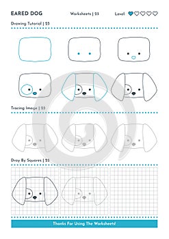 How to Draw Doodle Eared Dog, Cartoon Character Step by Step Drawing Tutorial. Activity Worksheets For Kids