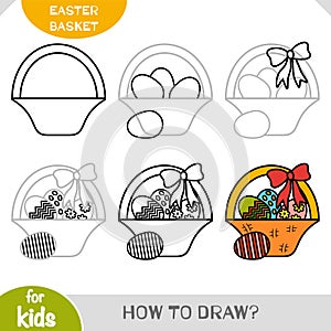 How to draw Easter basket with colored eggs for children. Step by step drawing tutorial