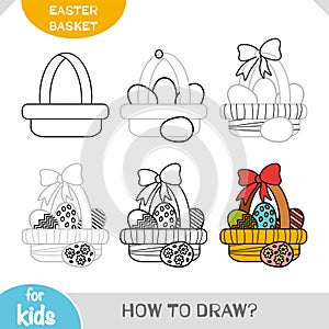 How to draw Easter basket with colored eggs for children. Step by step drawing tutorial
