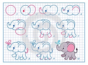 How to Draw Elephant, Step by Step Lesson for Kids cartoon illustration