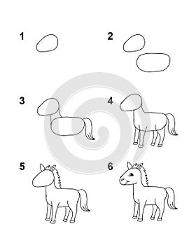 How to draw Horse with 6 step cartoon illustration with white background