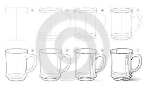 How to draw from nature sketch of realistic glass mug. Creation step by step pencil drawing. Educational page for artists.