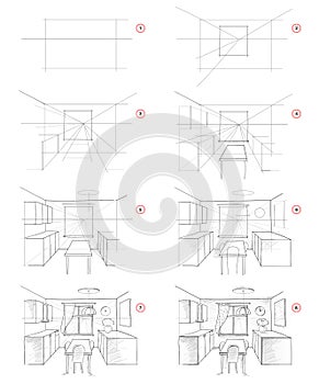 How to draw from nature step by step sketch of kitchen interior in perspective. Creation pencil drawing.