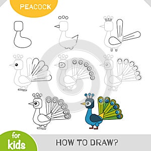How to draw Peacock for children. Step by step drawing tutorial