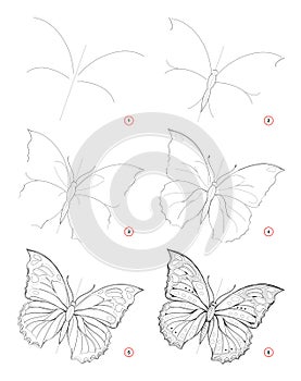 How to draw sketch of beautiful fantastic butterfly. Creation step by step pencil drawing. Education for artists.