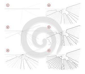 How to draw sketch of cityscape with skyscrapers. Creation step by step pencil drawing. Educational page for artists.