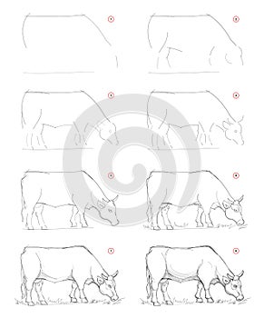 How to draw sketch of imaginary Breton cow. Creation step by step pencil drawing. Education for artists.