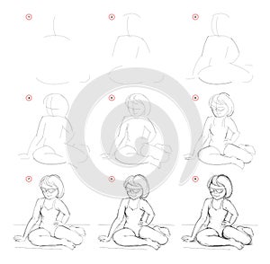 How to draw sketch of imaginary cute little girls figure sitting in the beach. Creation step by step pencil drawing.