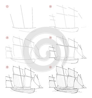 How to draw sketch of imaginary medieval Celtic sail ship. Creation step by step pencil drawing. Education for artists.