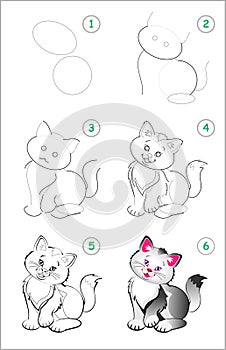 How to draw step by step a cute little kitten. Educational page for kids.