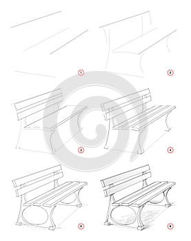 How to draw step by step sketch of imaginary bench in the park. Creation pencil drawing. Educational page for artists. photo