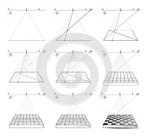 How to draw step by step chess board in perspective with vanishing point. Creation step-wise pencil drawing.