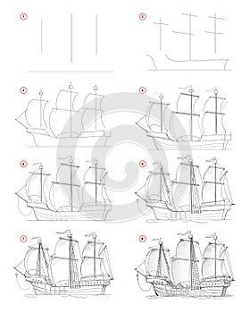 How to draw step by step sketch of fantastic medieval sail ship. Creation pencil drawing. Educational page for artists.