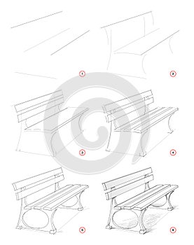 How to draw step by step sketch of imaginary bench in the park. Creation pencil drawing. Educational page for artists.