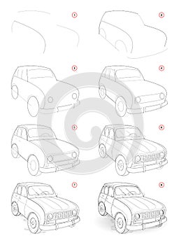 How to draw step by step sketch of imaginary cute little car. Creation pencil drawing. Educational page for artists.