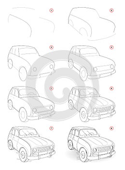How to draw step by step sketch of imaginary cute little car. Creation pencil drawing. Educational page for artists. photo