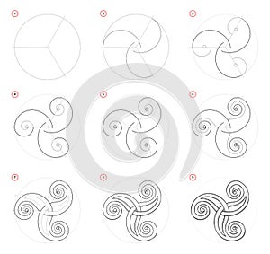 How to draw step-wise Celtic popular symbol Triskel. Creation step by step pencil drawing. Educational page for artists.