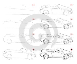 How to draw step-wise imaginary fashionable convertible car. Creation step by step pencil drawing. Educational page.