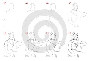 How to draw step-wise imaginary portrait of beautiful sitting girl. Creation step by step pencil drawing.