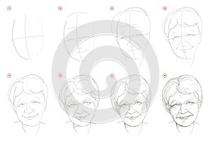 How to draw step-wise imaginary portrait of old smiling women. Creation step by step pencil drawing. Educational page.