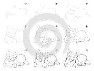 How to draw step-wise imaginary sketch of cute little kitten. Creation step by step pencil drawing. Educational page.