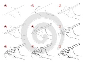 How to draw step-wise imaginary sketch of a hand writing with a pen. Creation step by step pencil drawing.