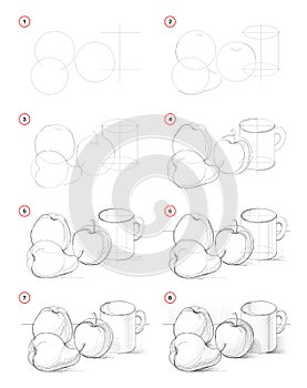 How to draw step-wise picture of still life with apples and pear. Creation step by step pencil drawing.