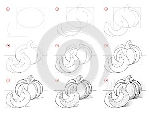 How to draw step-wise picture of still life with pumpkin. Creation step by step pencil drawing. Educational page.